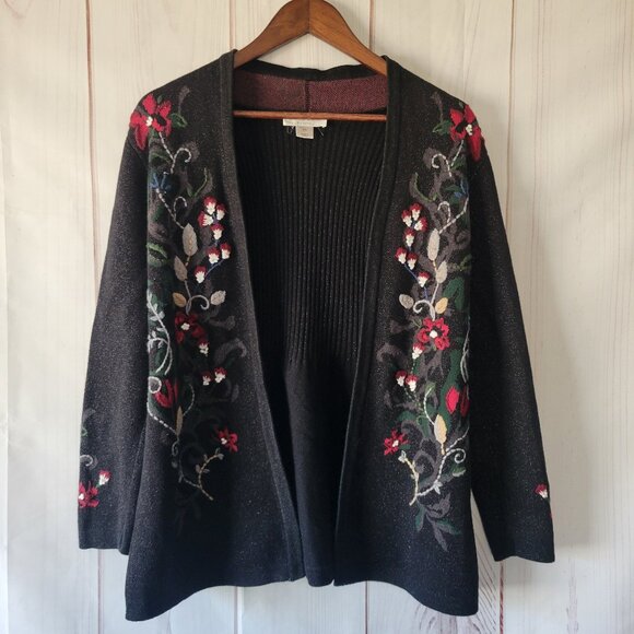 Christopher & Banks Petite Open Front Knit Sweater Cardigan, Embroidered Petite - Picture 1 of 11
